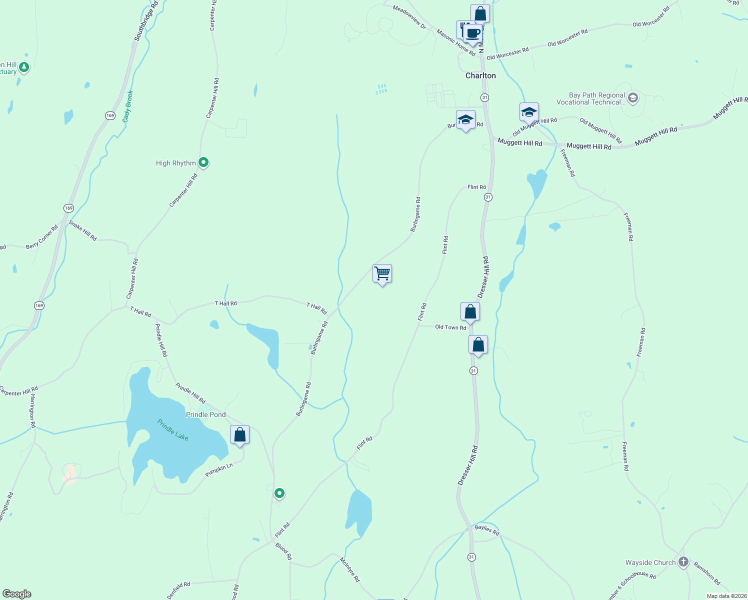 map of restaurants, bars, coffee shops, grocery stores, and more near 85 Burlingame Road in Charlton