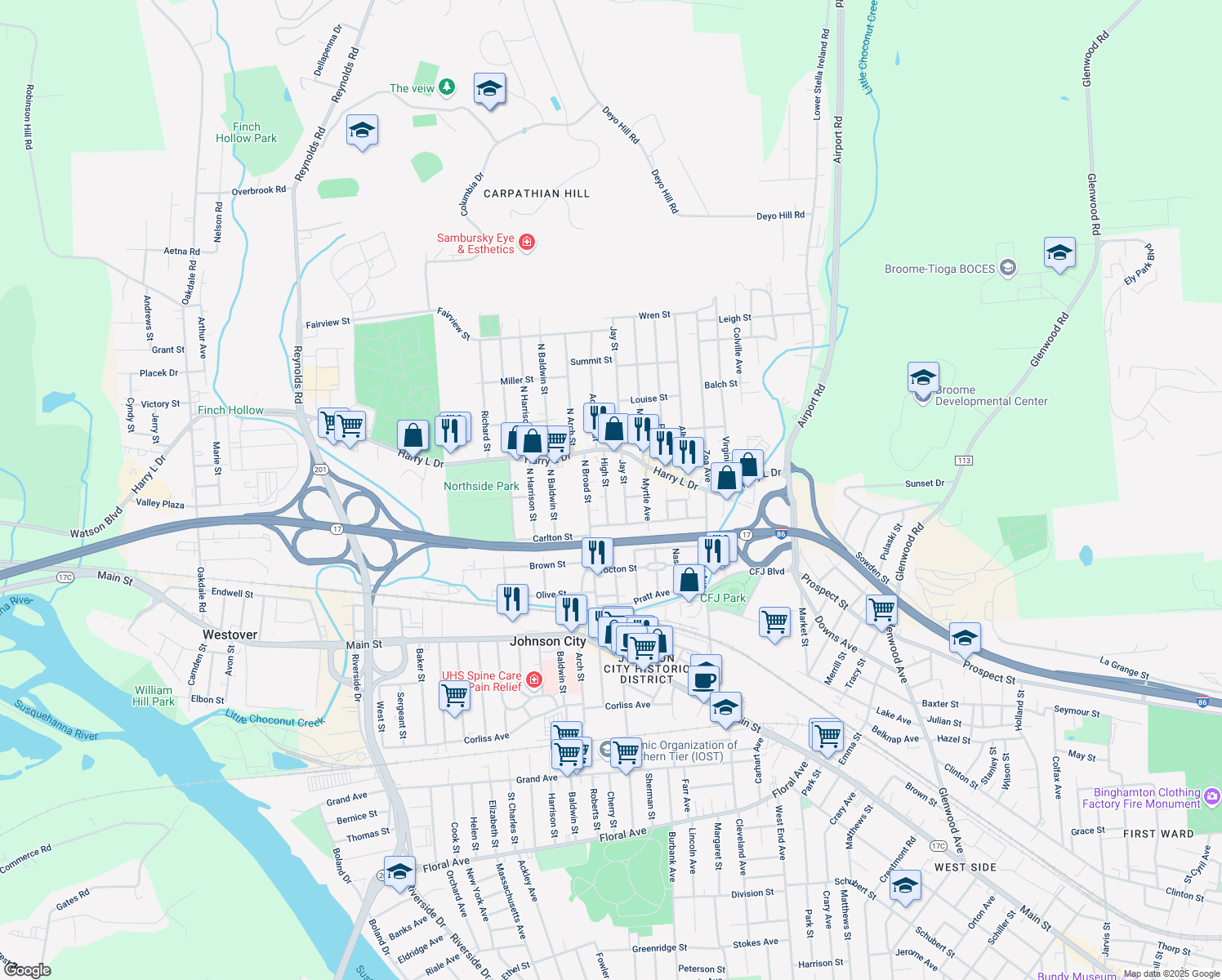 map of restaurants, bars, coffee shops, grocery stores, and more near 42 High St in Johnson City