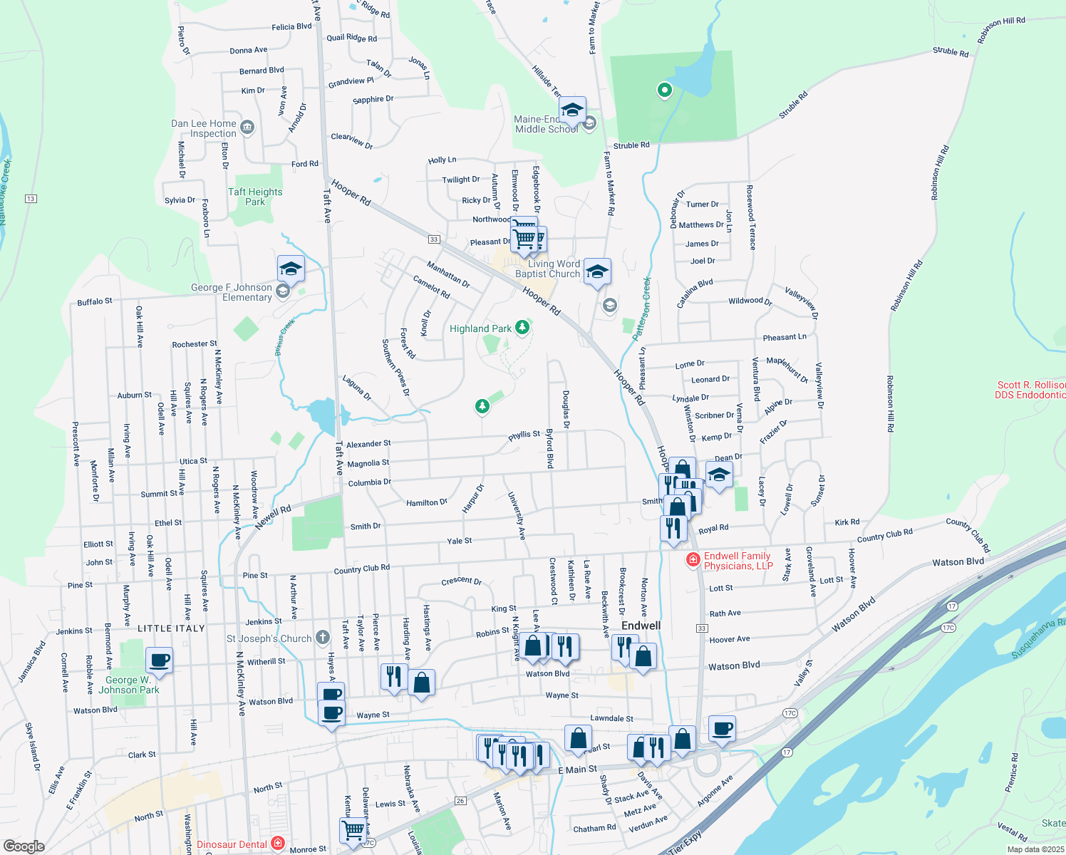 map of restaurants, bars, coffee shops, grocery stores, and more near 3009 Phyllis Street in Endicott