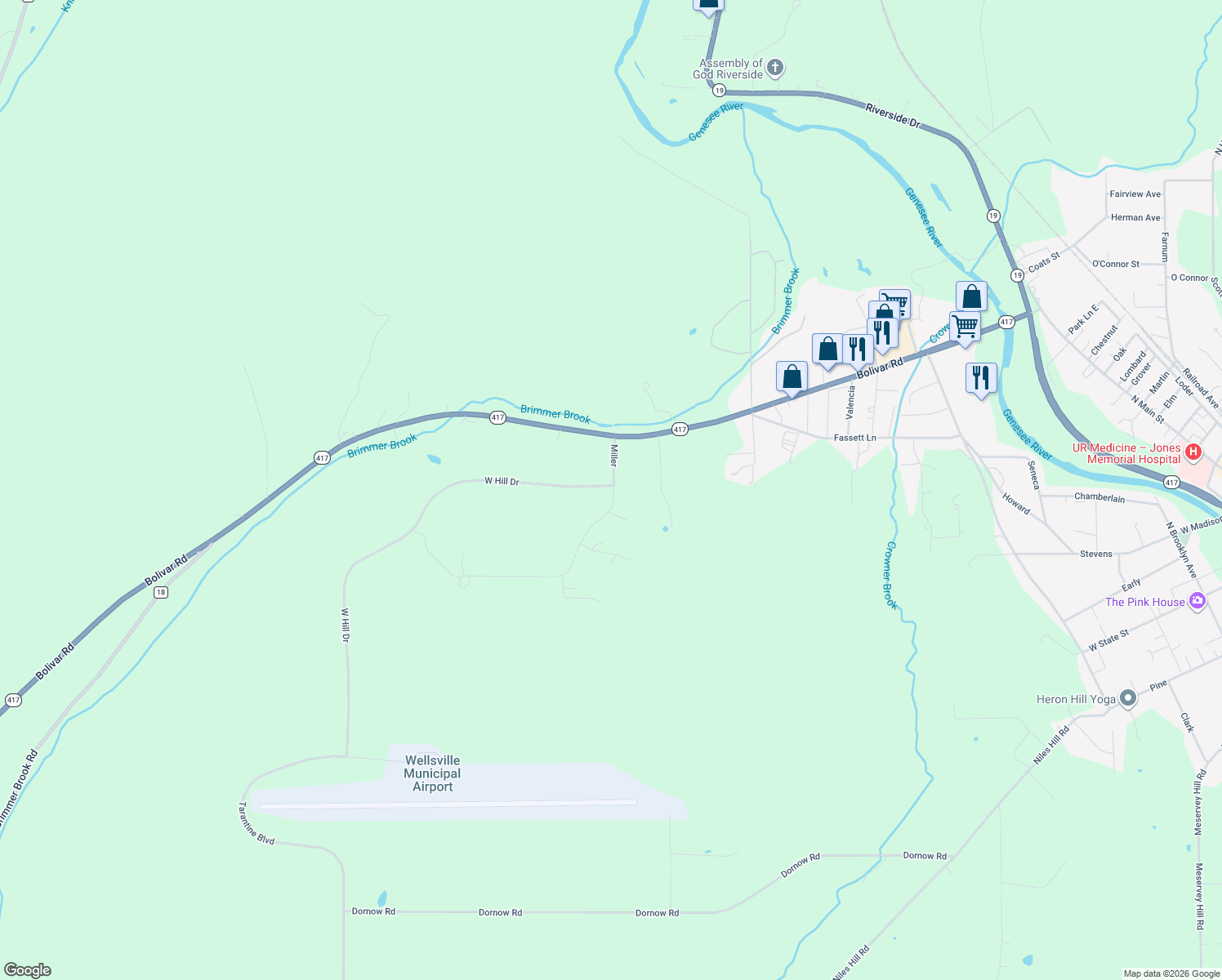 map of restaurants, bars, coffee shops, grocery stores, and more near 2860 Miller Road in Wellsville