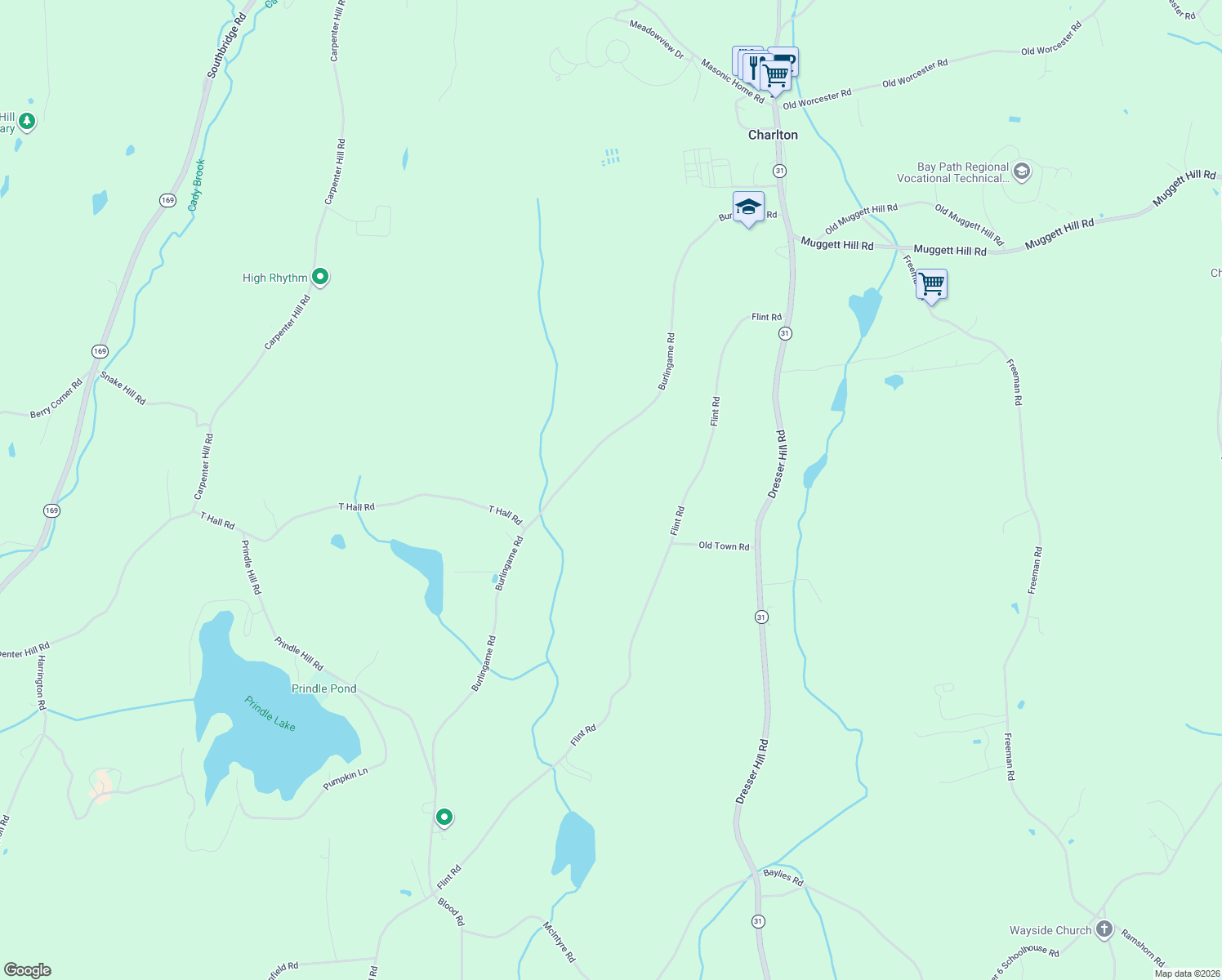 map of restaurants, bars, coffee shops, grocery stores, and more near 85 Burlingame Road in Charlton