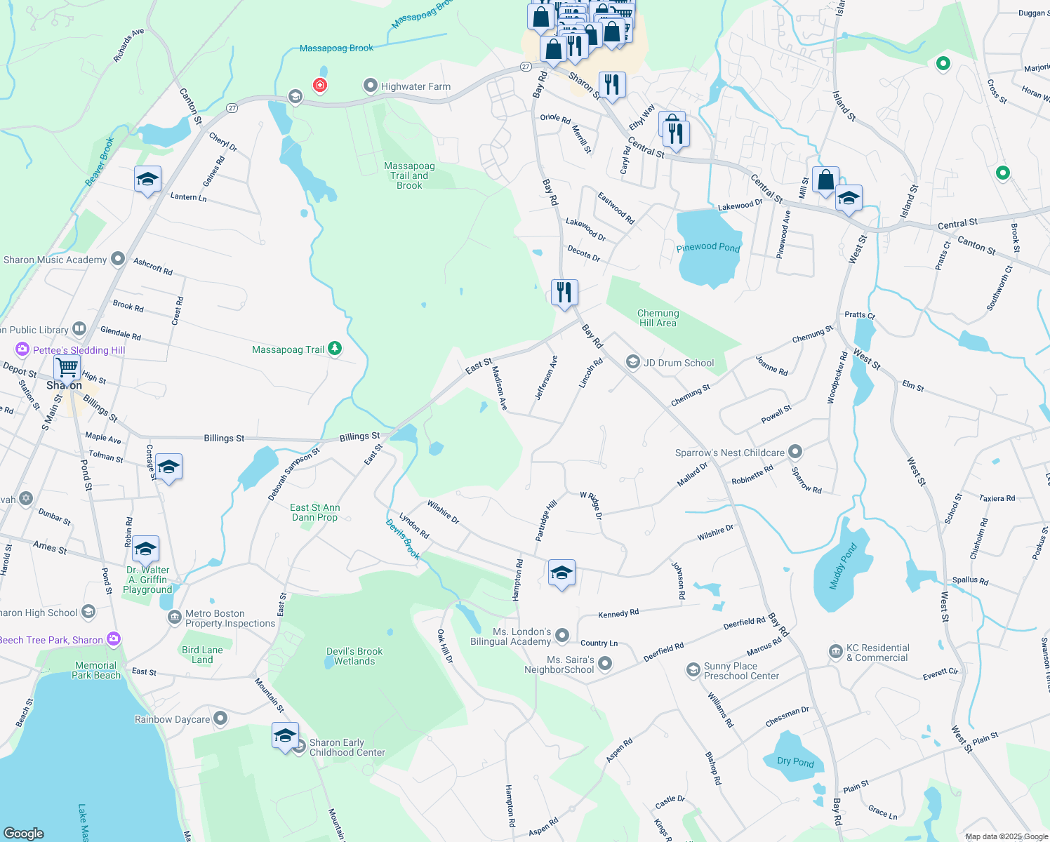 map of restaurants, bars, coffee shops, grocery stores, and more near 27 Madison Avenue in Sharon
