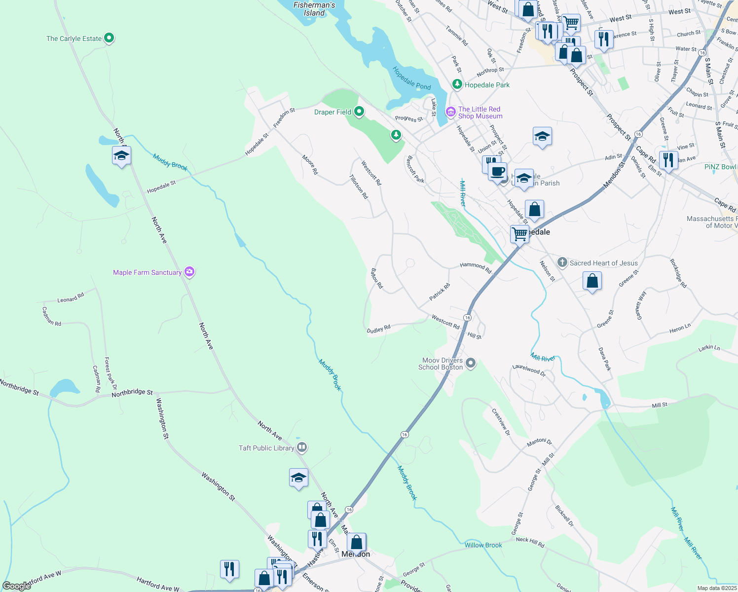 map of restaurants, bars, coffee shops, grocery stores, and more near 20 Dudley Road in Mendon