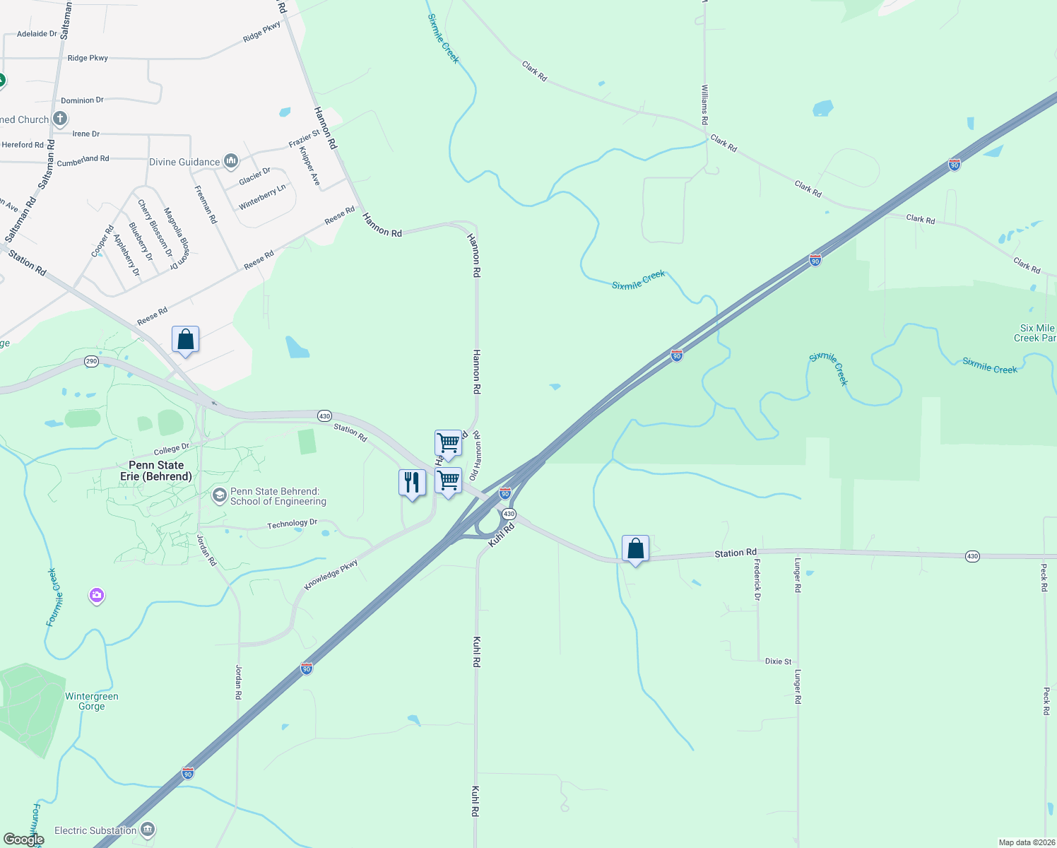 map of restaurants, bars, coffee shops, grocery stores, and more near 5019 Hannon Road in Erie