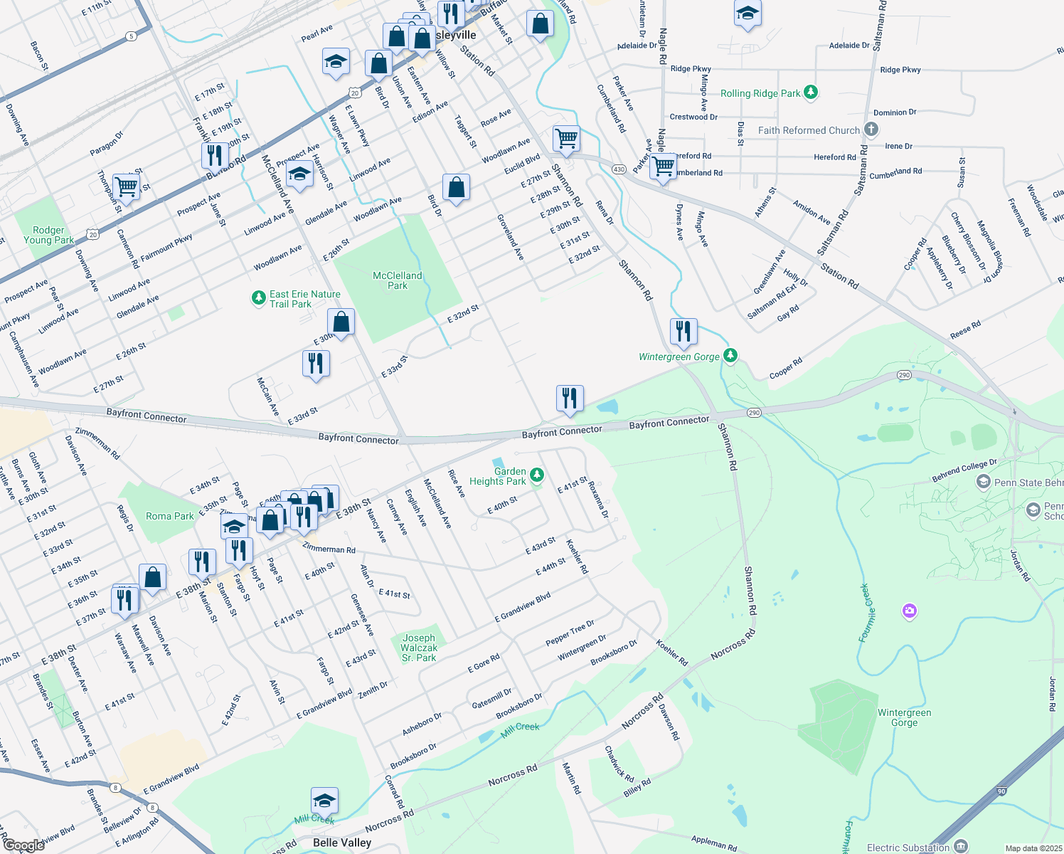 map of restaurants, bars, coffee shops, grocery stores, and more near 2640 E 38th St in Erie
