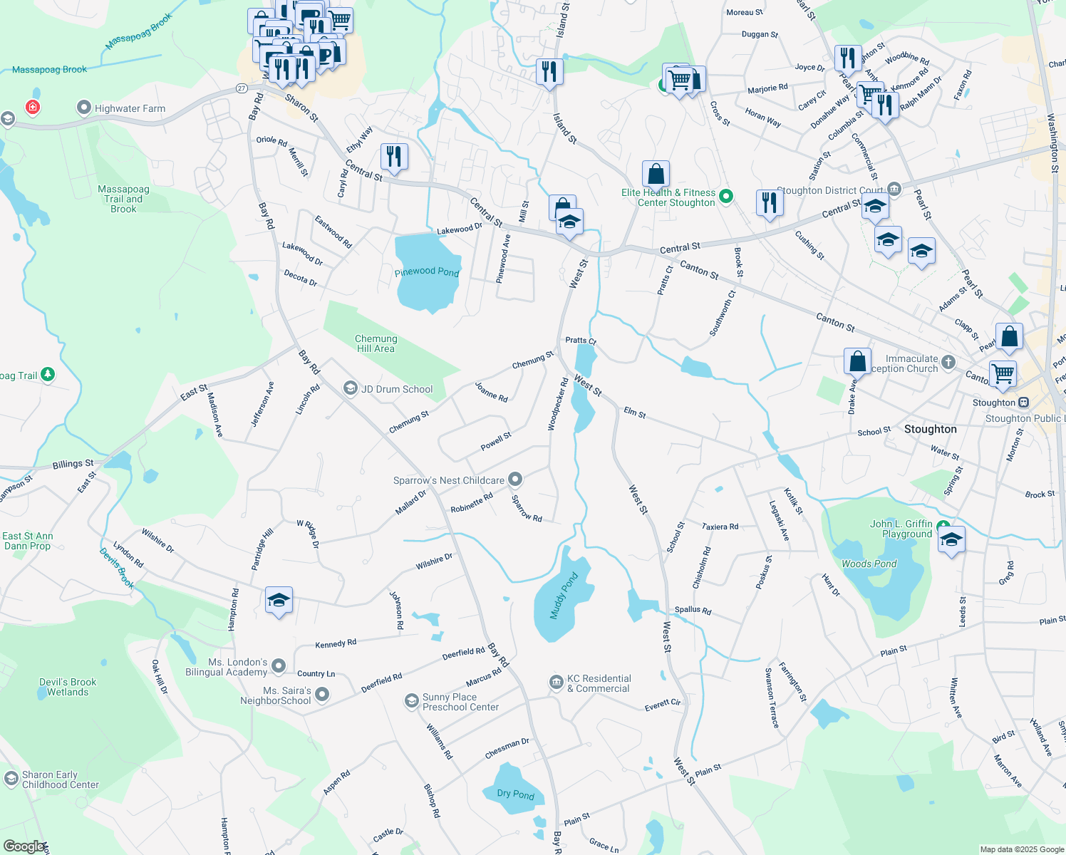 map of restaurants, bars, coffee shops, grocery stores, and more near 114 Powell Street in Stoughton