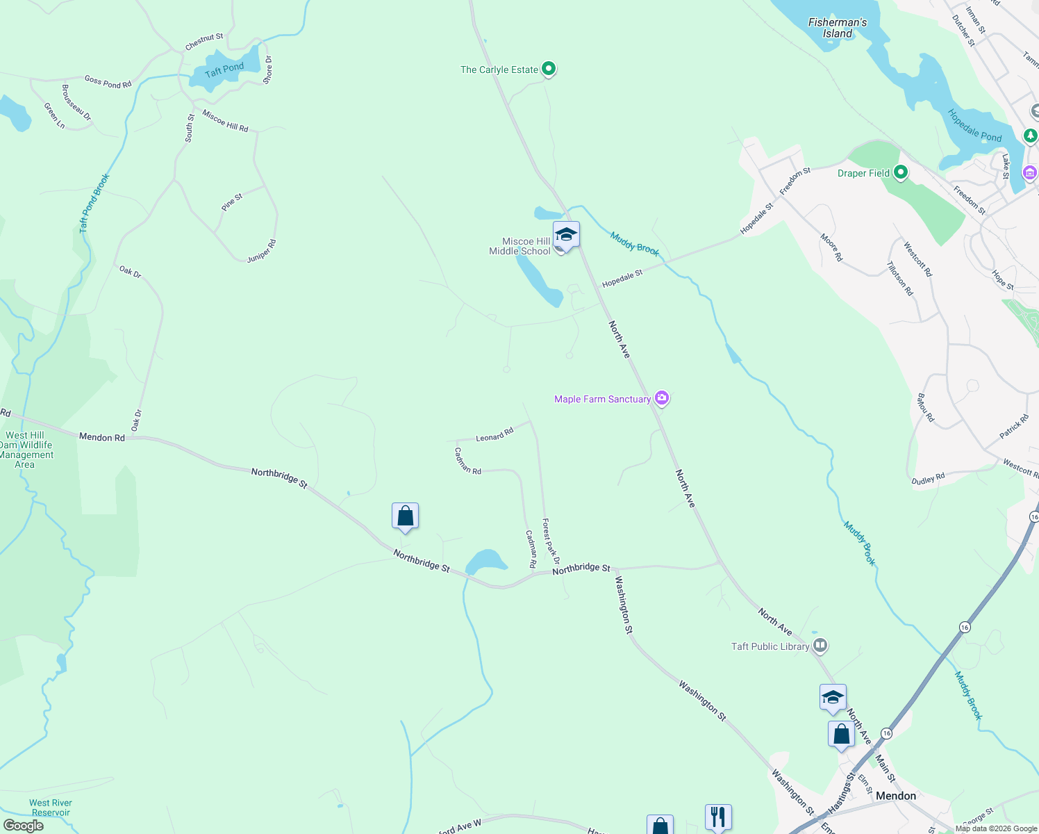 map of restaurants, bars, coffee shops, grocery stores, and more near 22 Forest Park Drive in Mendon