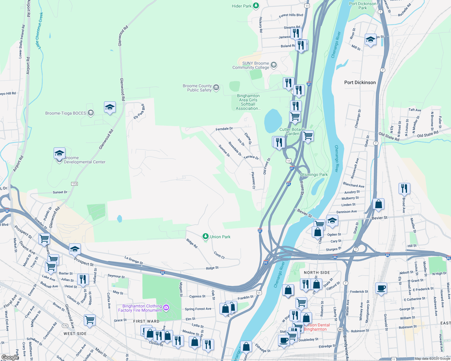 map of restaurants, bars, coffee shops, grocery stores, and more near 4 Lawson Court in Binghamton