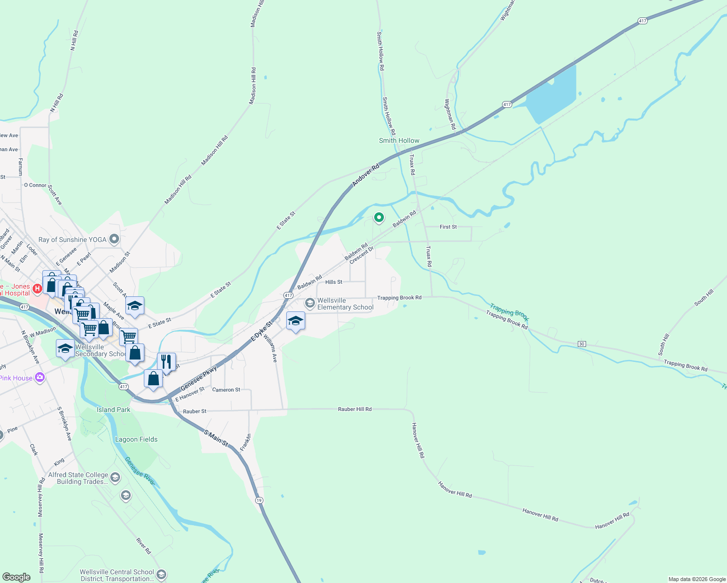 map of restaurants, bars, coffee shops, grocery stores, and more near 5 Sunnydale Avenue in Wellsville