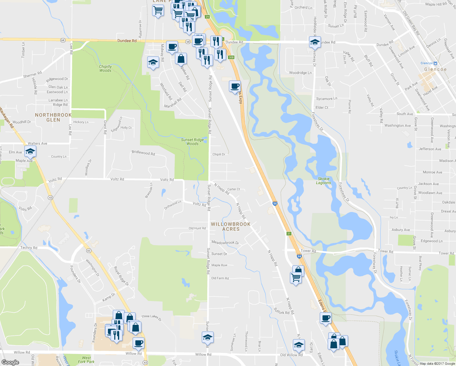 map of restaurants, bars, coffee shops, grocery stores, and more near 237 Voltz Road in Northbrook