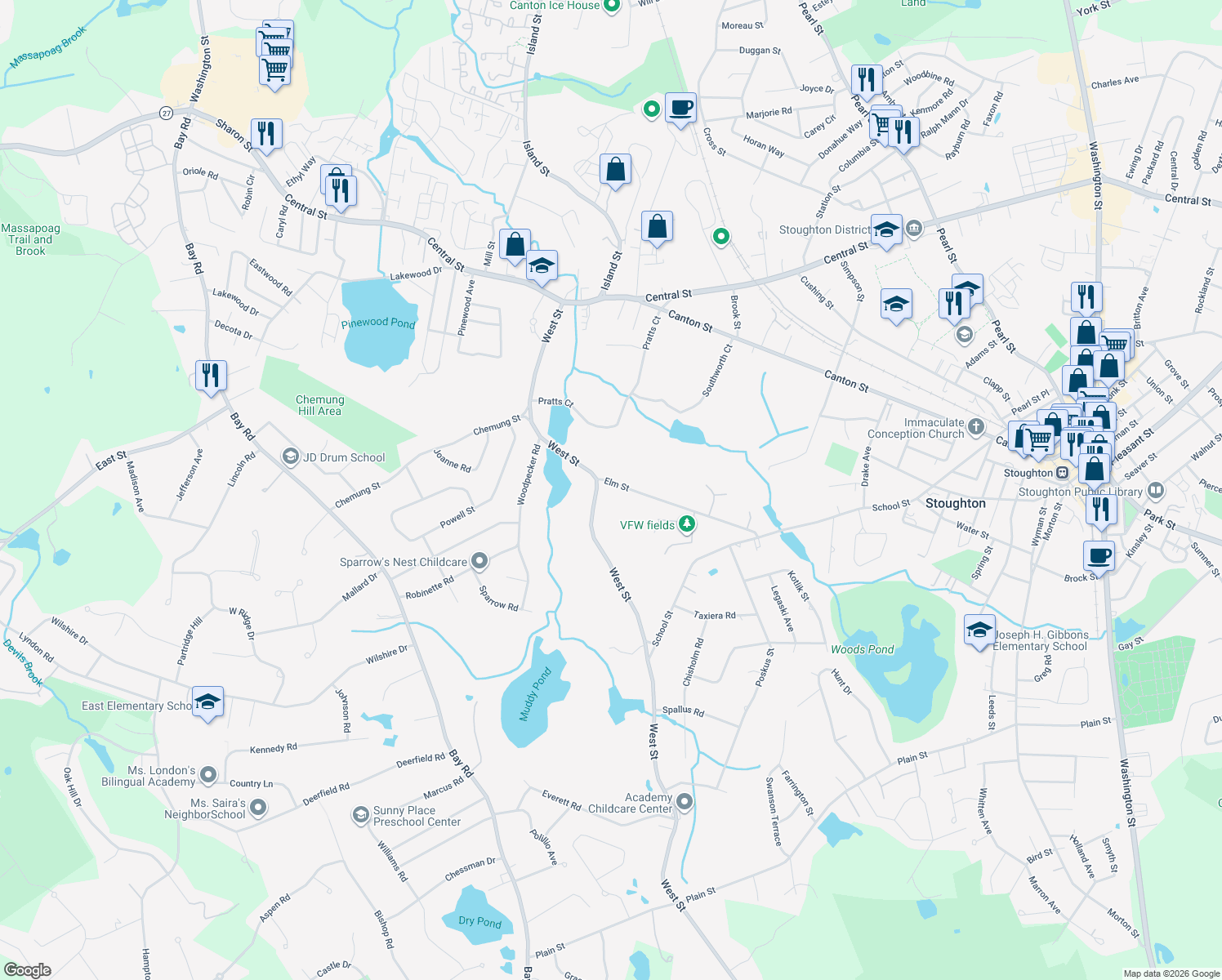 map of restaurants, bars, coffee shops, grocery stores, and more near 246 Elm Street in Stoughton