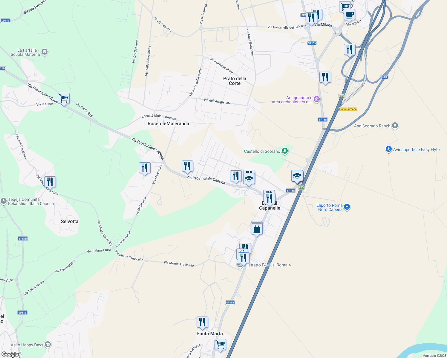 map of restaurants, bars, coffee shops, grocery stores, and more near 43 Via Capena in Bivio di Capanelle