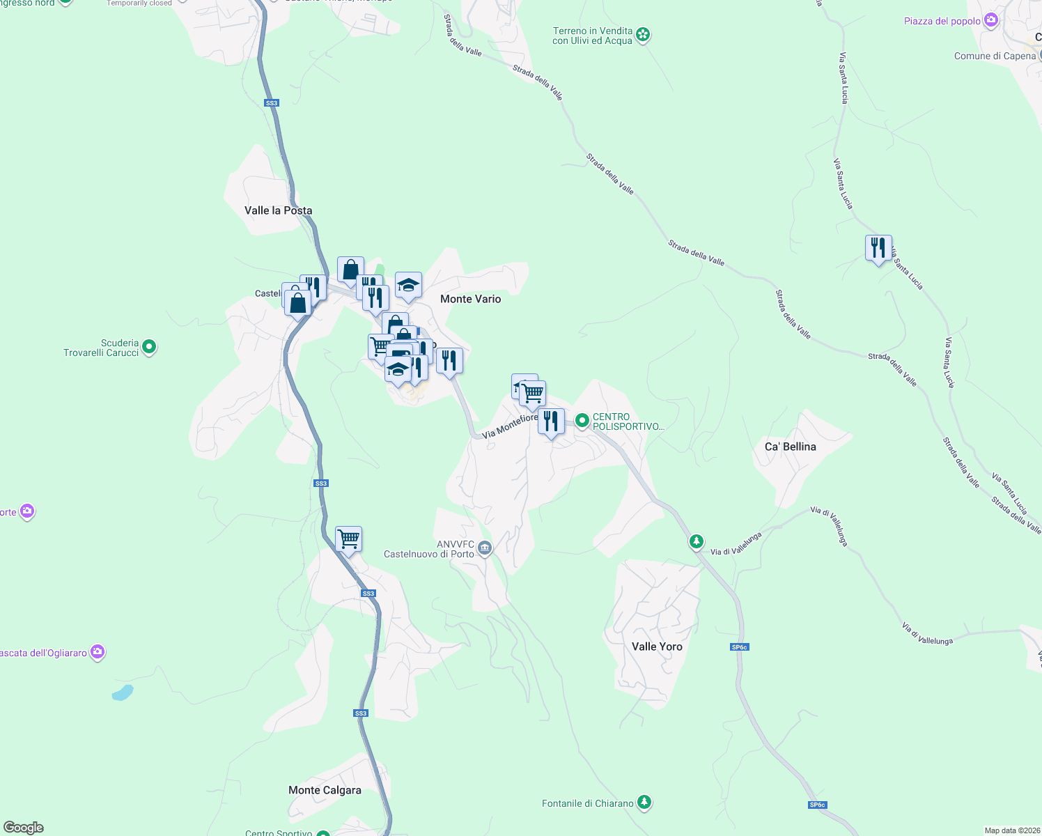 map of restaurants, bars, coffee shops, grocery stores, and more near 8A Via Fontanastasia in Castelnuovo di Porto