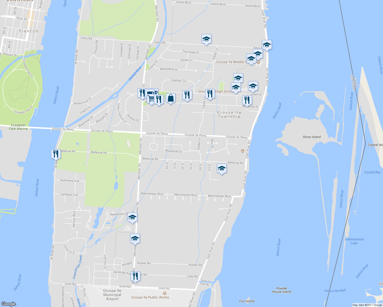 map of restaurants, bars, coffee shops, grocery stores, and more near 8597 Woodside Drive in Grosse Ile Township