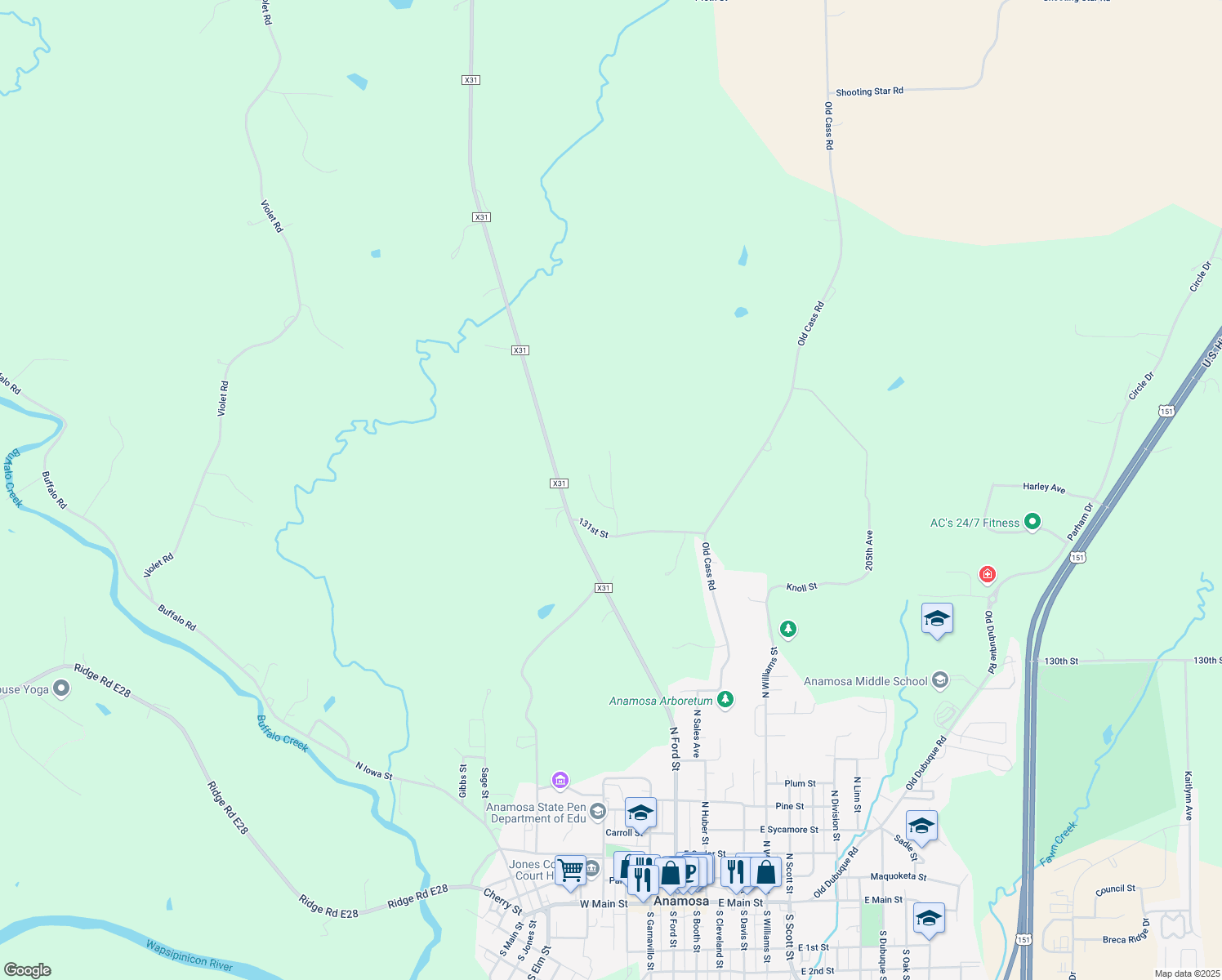 map of restaurants, bars, coffee shops, grocery stores, and more near 212th Avenue in Anamosa