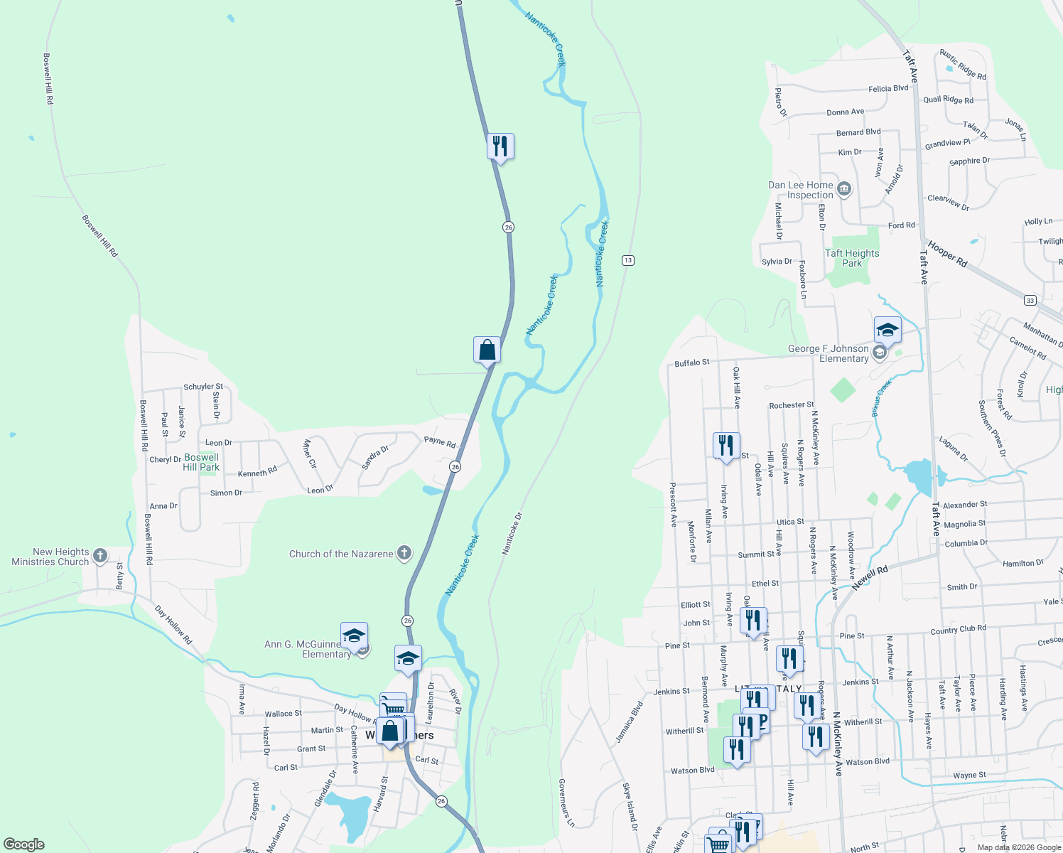 map of restaurants, bars, coffee shops, grocery stores, and more near 1517 Nanticoke Drive in Endicott