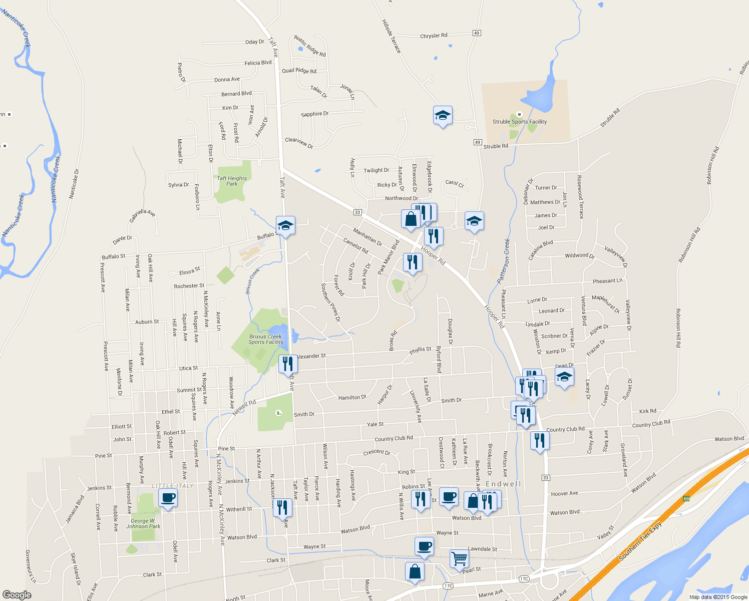map of restaurants, bars, coffee shops, grocery stores, and more near 903 Forest Road in Endicott