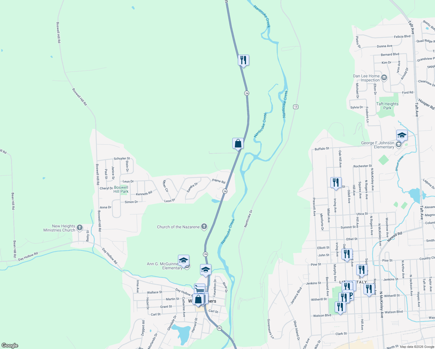 map of restaurants, bars, coffee shops, grocery stores, and more near 1476 Elsie Drive in Endicott