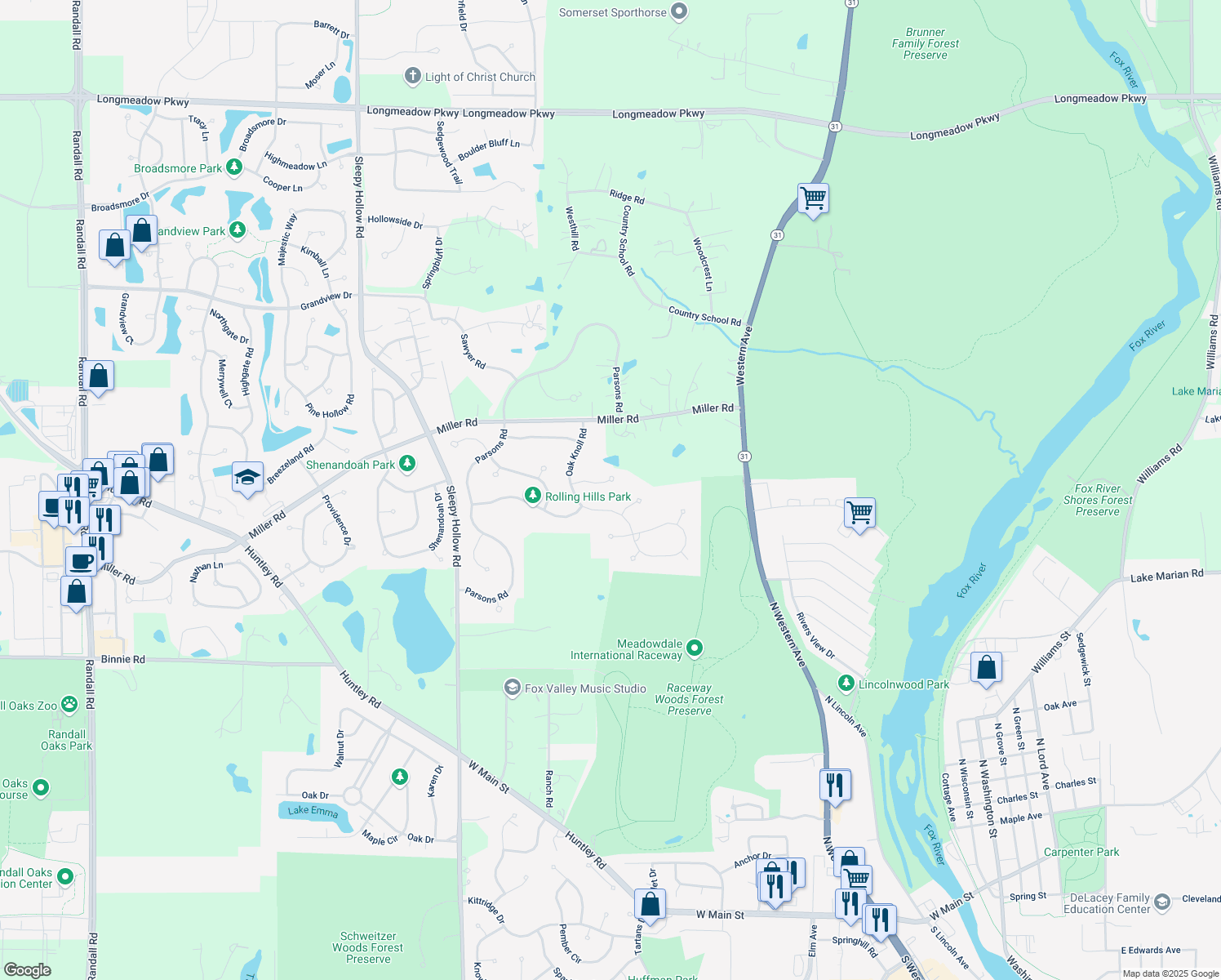 map of restaurants, bars, coffee shops, grocery stores, and more near 3206 Pine Woods Lane in Carpentersville