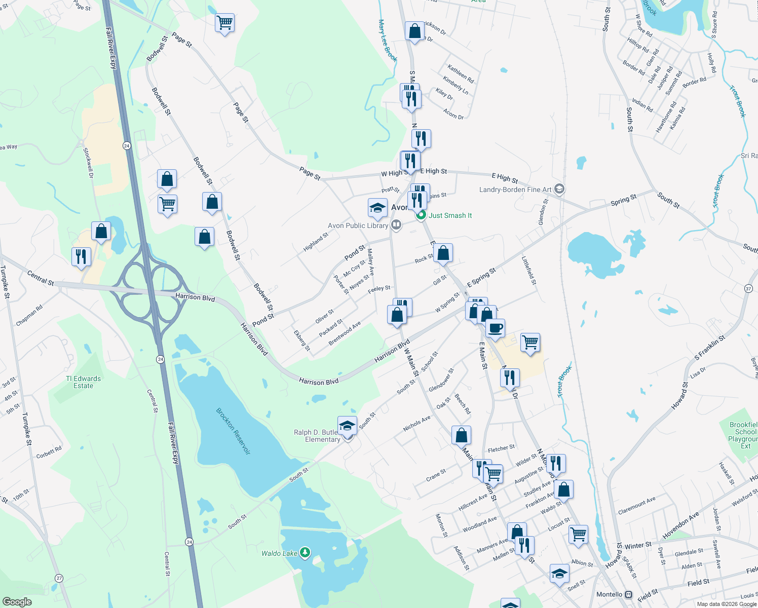 map of restaurants, bars, coffee shops, grocery stores, and more near 86 Malley Avenue in Avon