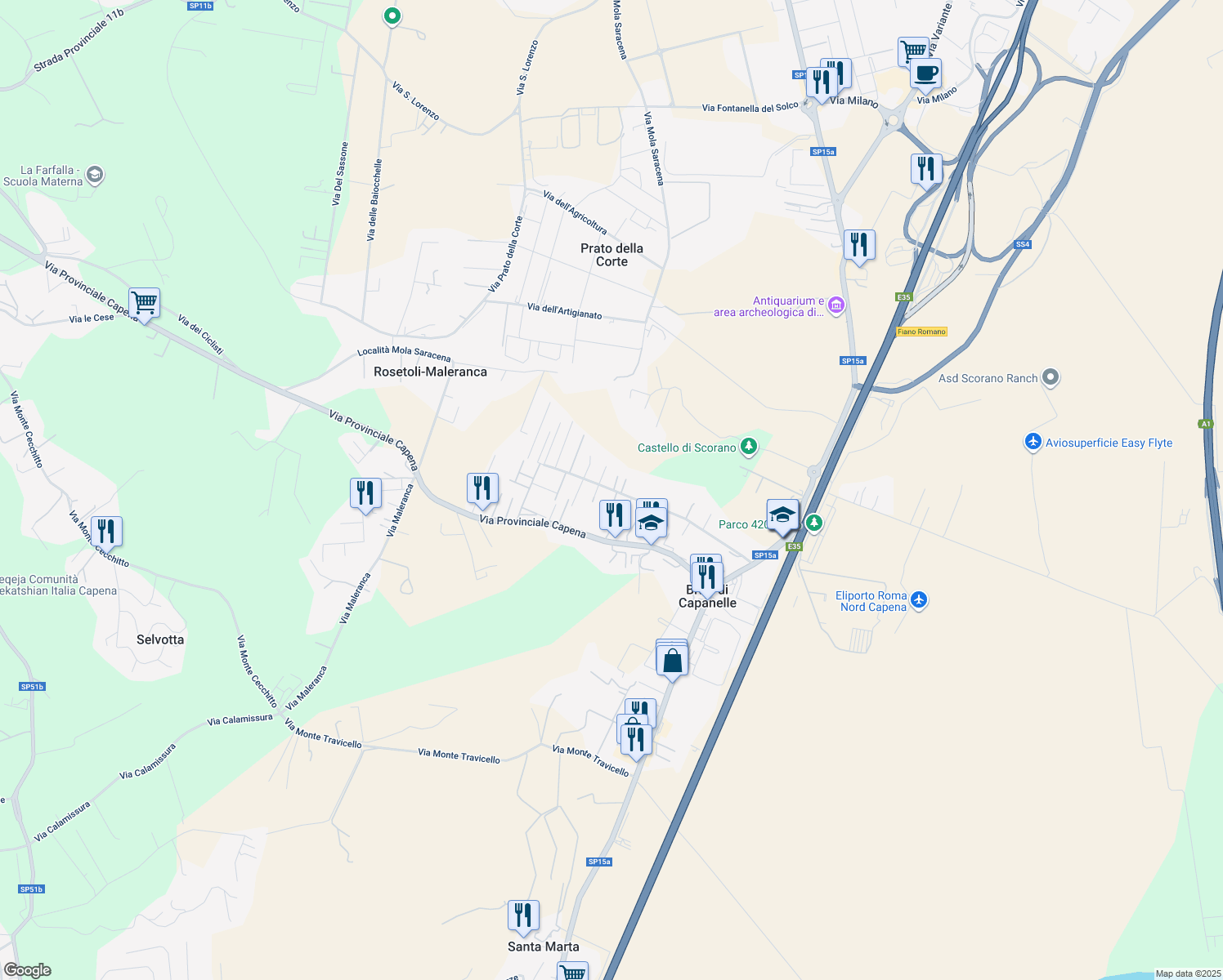 map of restaurants, bars, coffee shops, grocery stores, and more near 51 Via Scoranello in Città Metropolitana di Roma