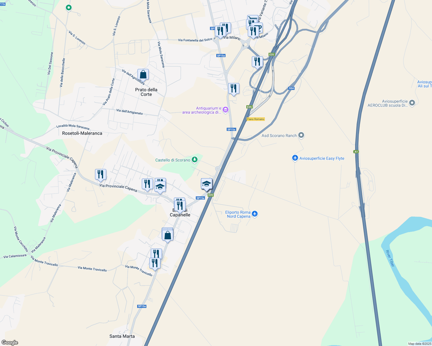 map of restaurants, bars, coffee shops, grocery stores, and more near 1 Viale del Castello in Bivio di Capanelle