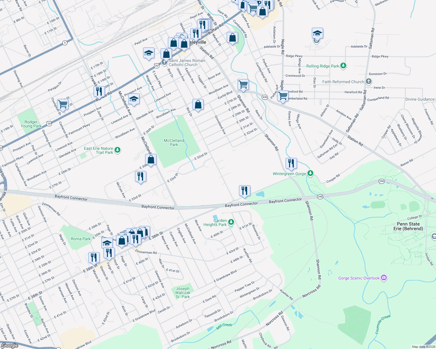 map of restaurants, bars, coffee shops, grocery stores, and more near 3514 Bird Dr in Erie