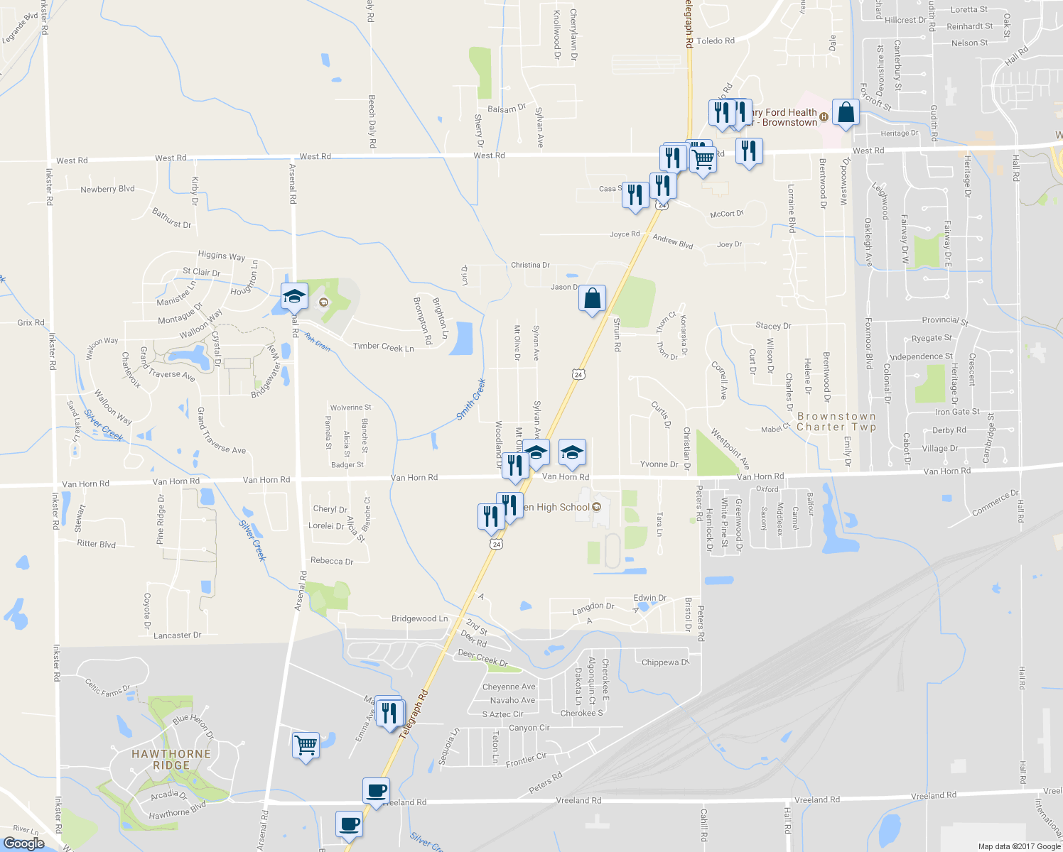map of restaurants, bars, coffee shops, grocery stores, and more near 24608 Sylvan Avenue in Brownstown Charter Township