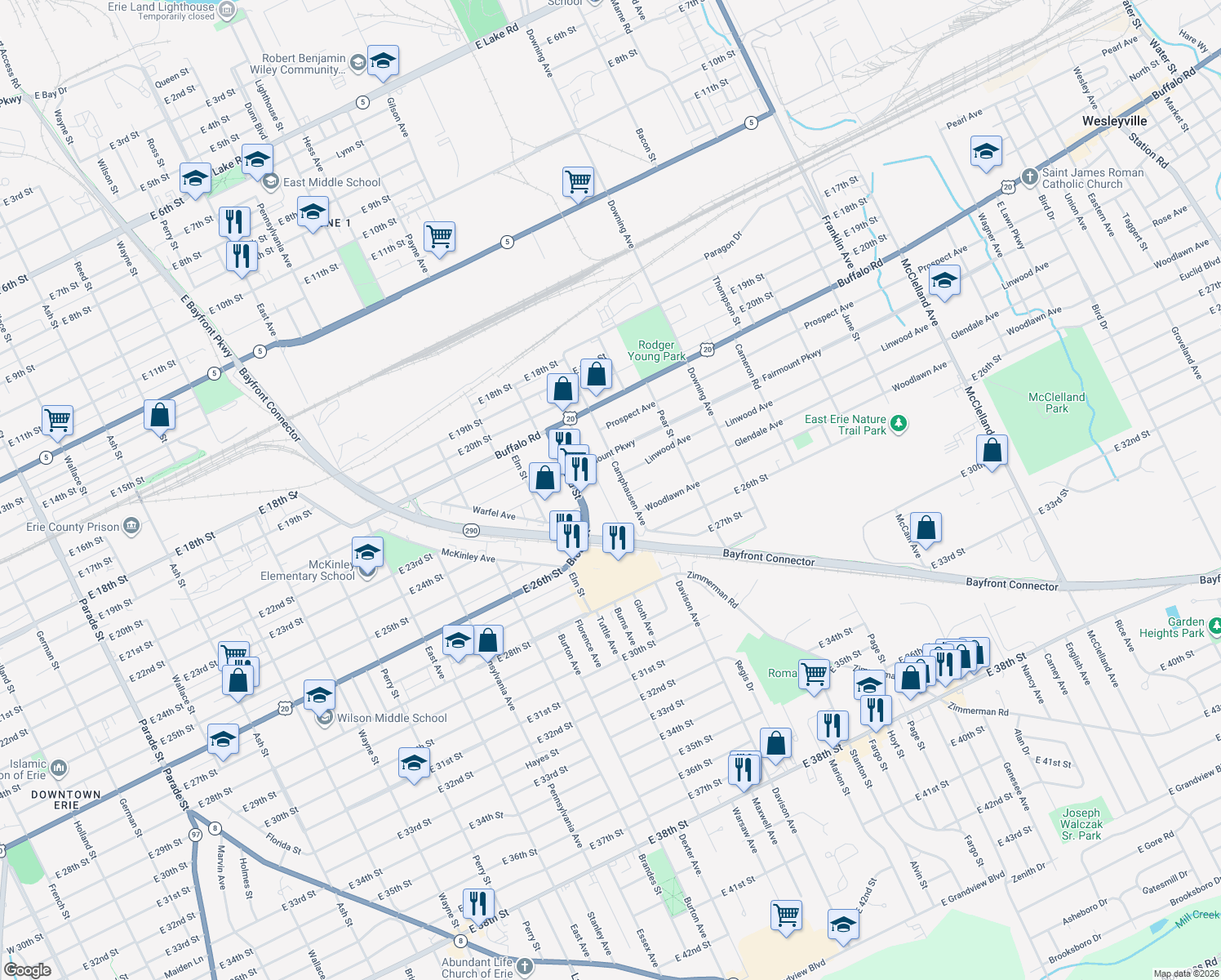 map of restaurants, bars, coffee shops, grocery stores, and more near 2311 Kilpatrick Ave in Erie