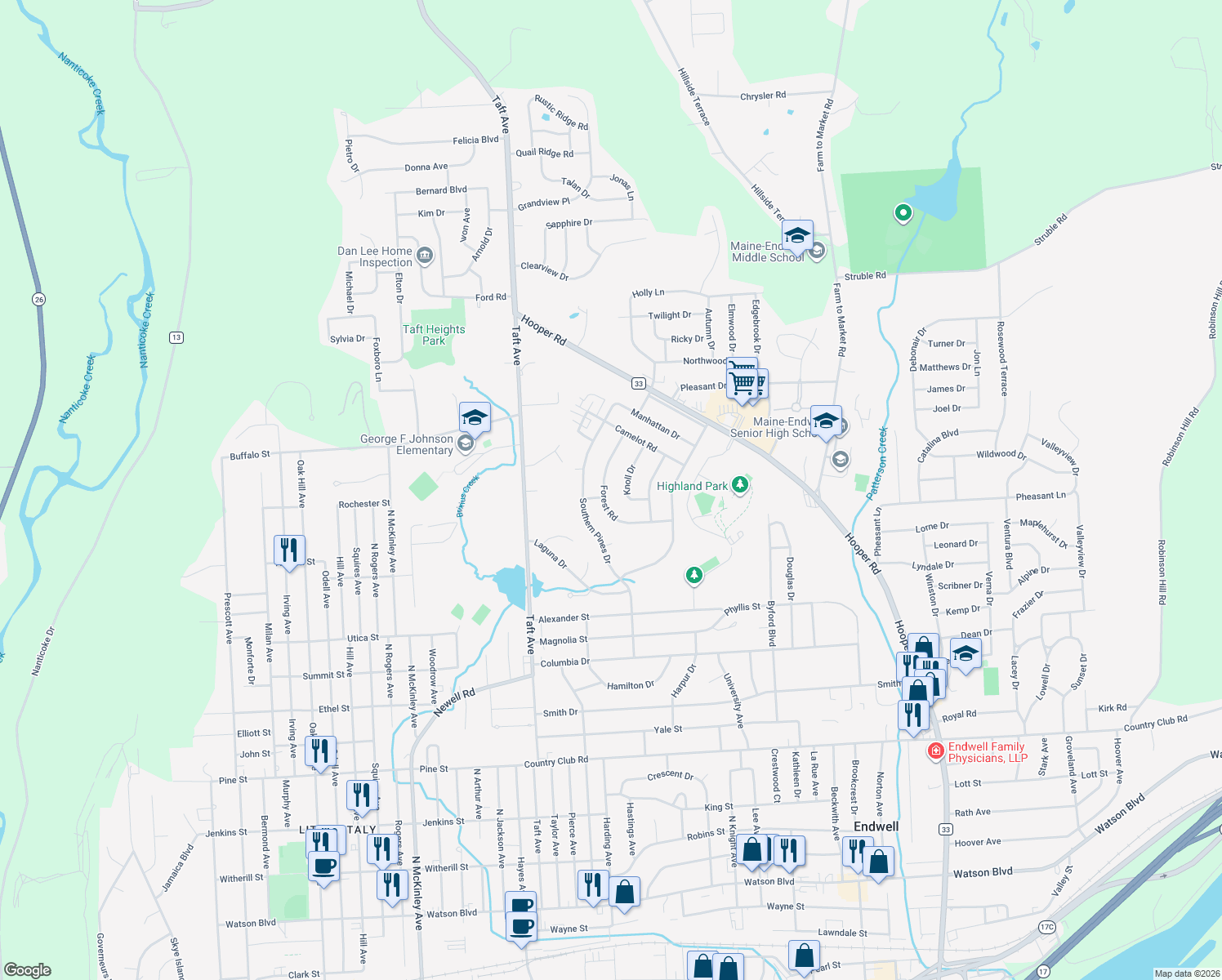 map of restaurants, bars, coffee shops, grocery stores, and more near 1006 Forest Road in Endicott