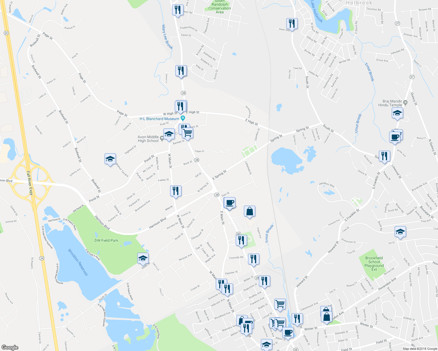 map of restaurants, bars, coffee shops, grocery stores, and more near 163 East Spring Street in Avon
