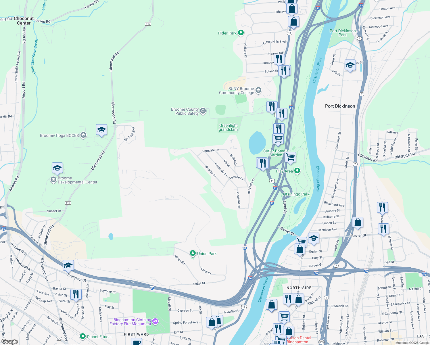 map of restaurants, bars, coffee shops, grocery stores, and more near 26 Sunrise Dr in Binghamton