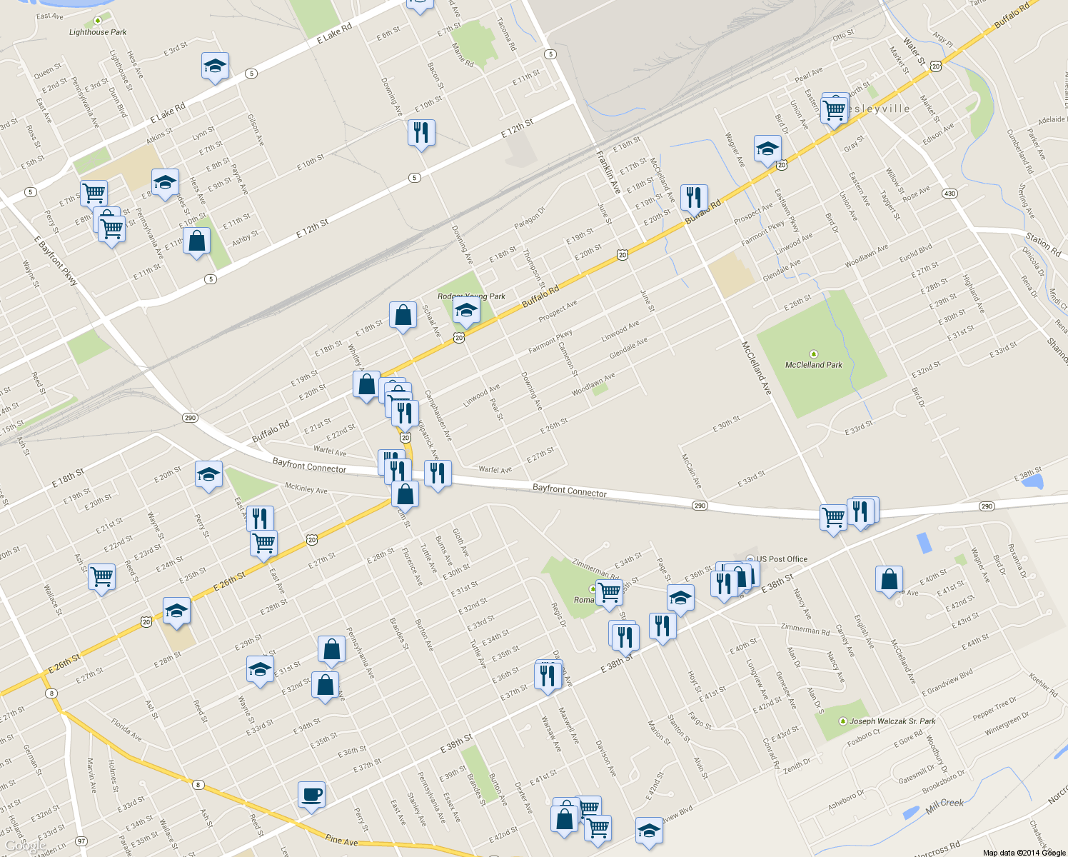 map of restaurants, bars, coffee shops, grocery stores, and more near 1740 East 26th Street in Erie