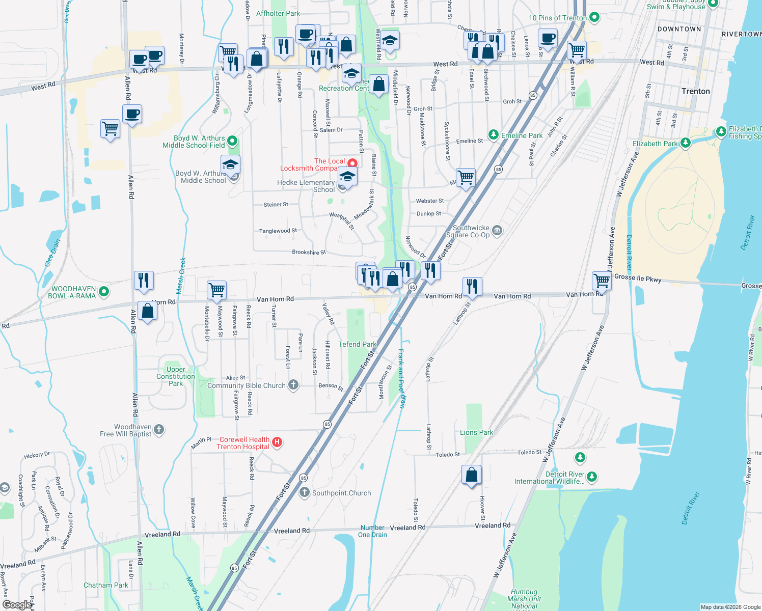 map of restaurants, bars, coffee shops, grocery stores, and more near 3041 Van Horn Road in Trenton