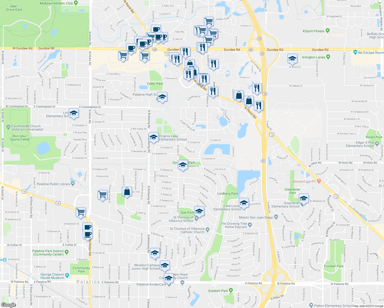 map of restaurants, bars, coffee shops, grocery stores, and more near 1101 Grissom Drive in Palatine