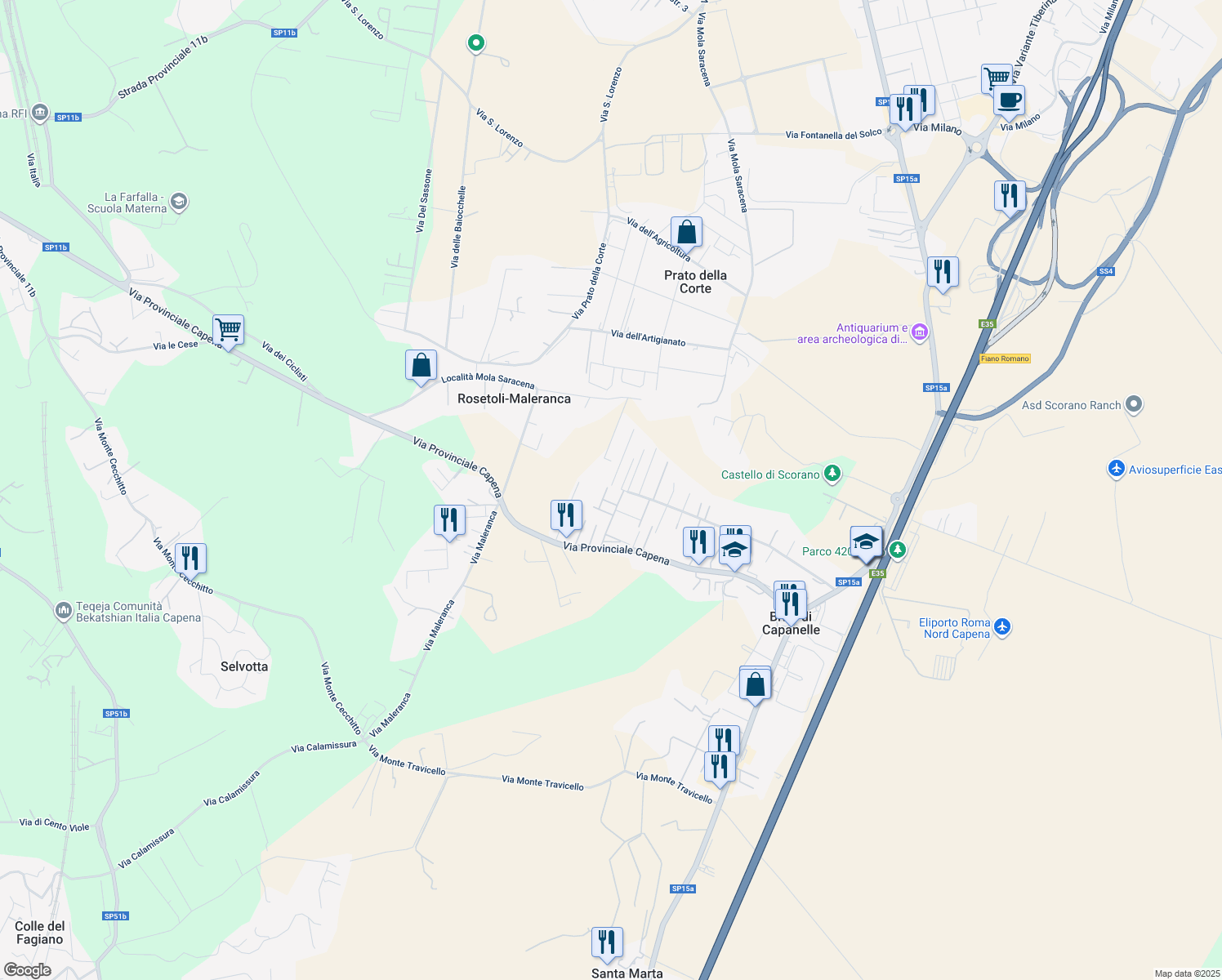 map of restaurants, bars, coffee shops, grocery stores, and more near 51 Via Scoranello in Città Metropolitana di Roma