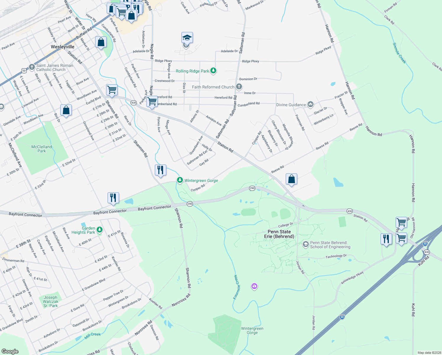 map of restaurants, bars, coffee shops, grocery stores, and more near 4031 Cooper Rd in Erie