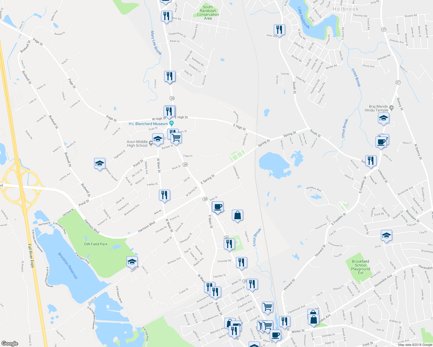 map of restaurants, bars, coffee shops, grocery stores, and more near 198 East Spring Street in Avon