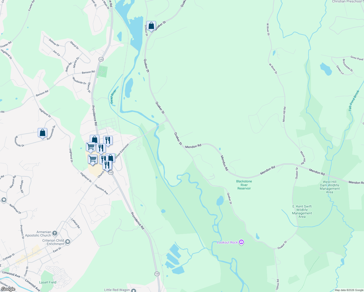 map of restaurants, bars, coffee shops, grocery stores, and more near 1201 Quaker Street in Northbridge