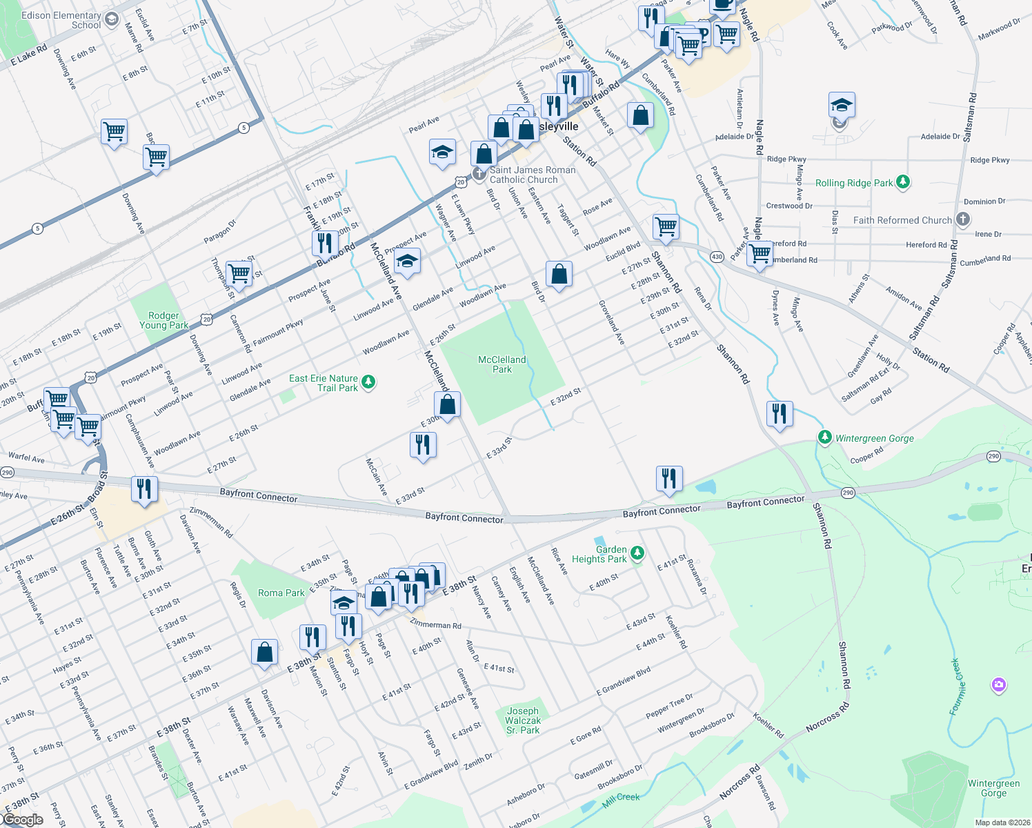 map of restaurants, bars, coffee shops, grocery stores, and more near 2522 East 32nd Street in Erie