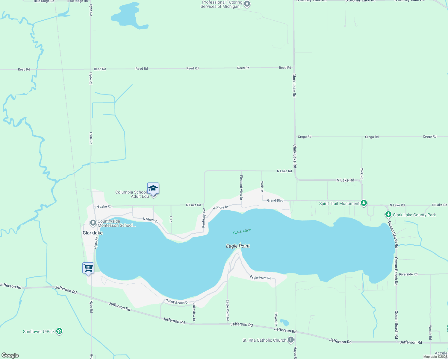 map of restaurants, bars, coffee shops, grocery stores, and more near 4945 North Lake Road in Clarklake
