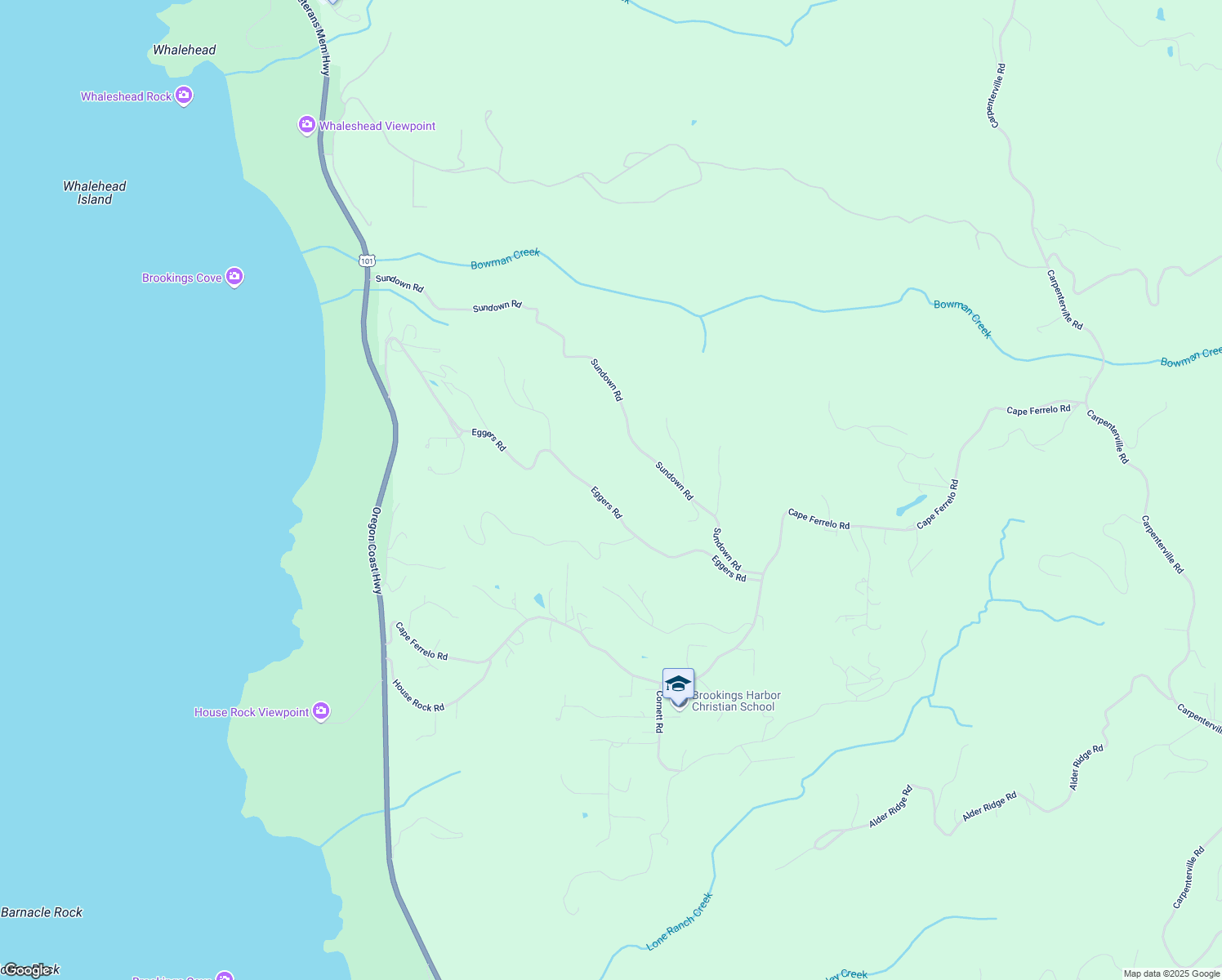 map of restaurants, bars, coffee shops, grocery stores, and more near 96022 Sundown Road in Brookings