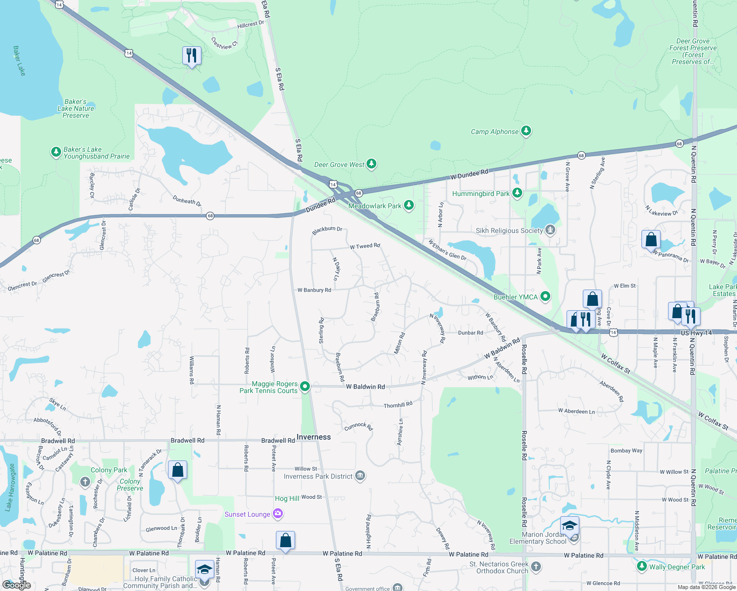 map of restaurants, bars, coffee shops, grocery stores, and more near 926 Braeburn Road in Inverness