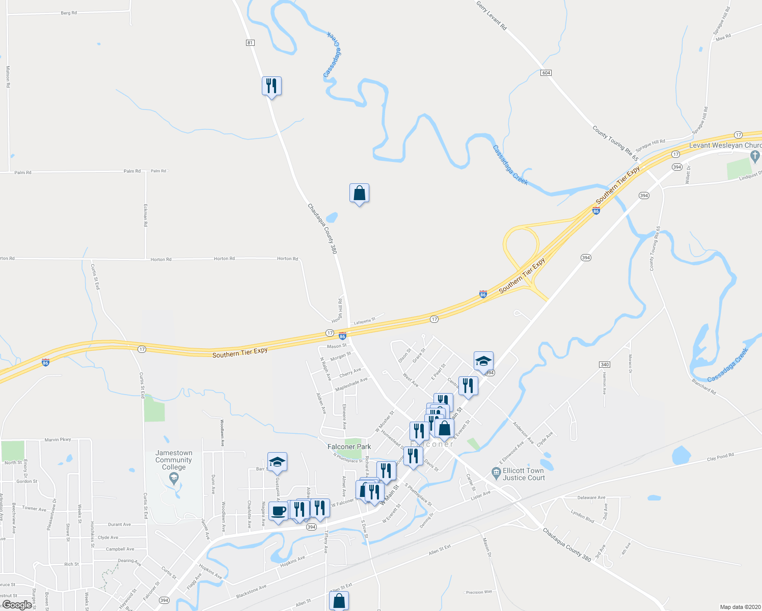 map of restaurants, bars, coffee shops, grocery stores, and more near 2160 Lafayette Street in Falconer