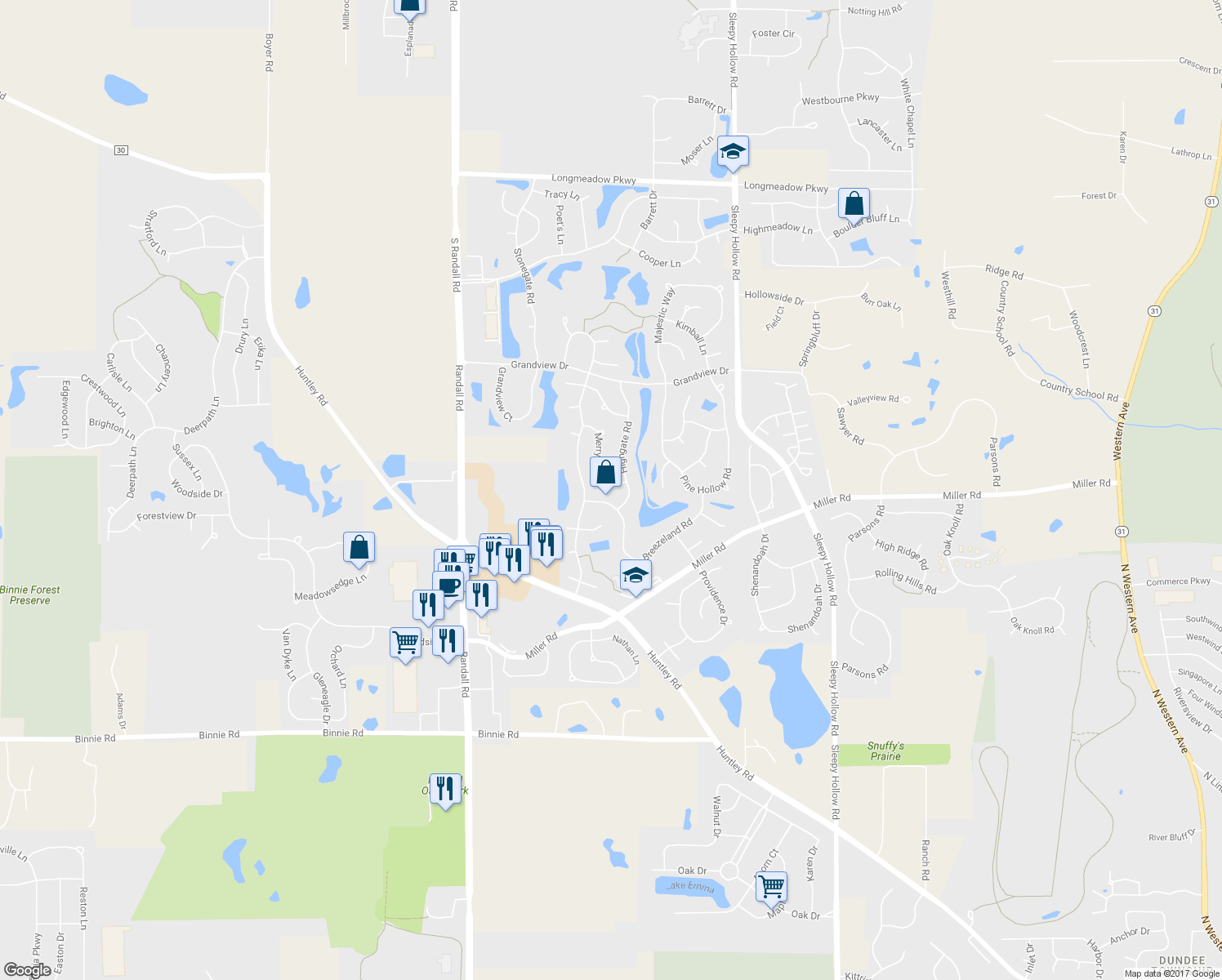 map of restaurants, bars, coffee shops, grocery stores, and more near 3105 Merrywell Court in Carpentersville