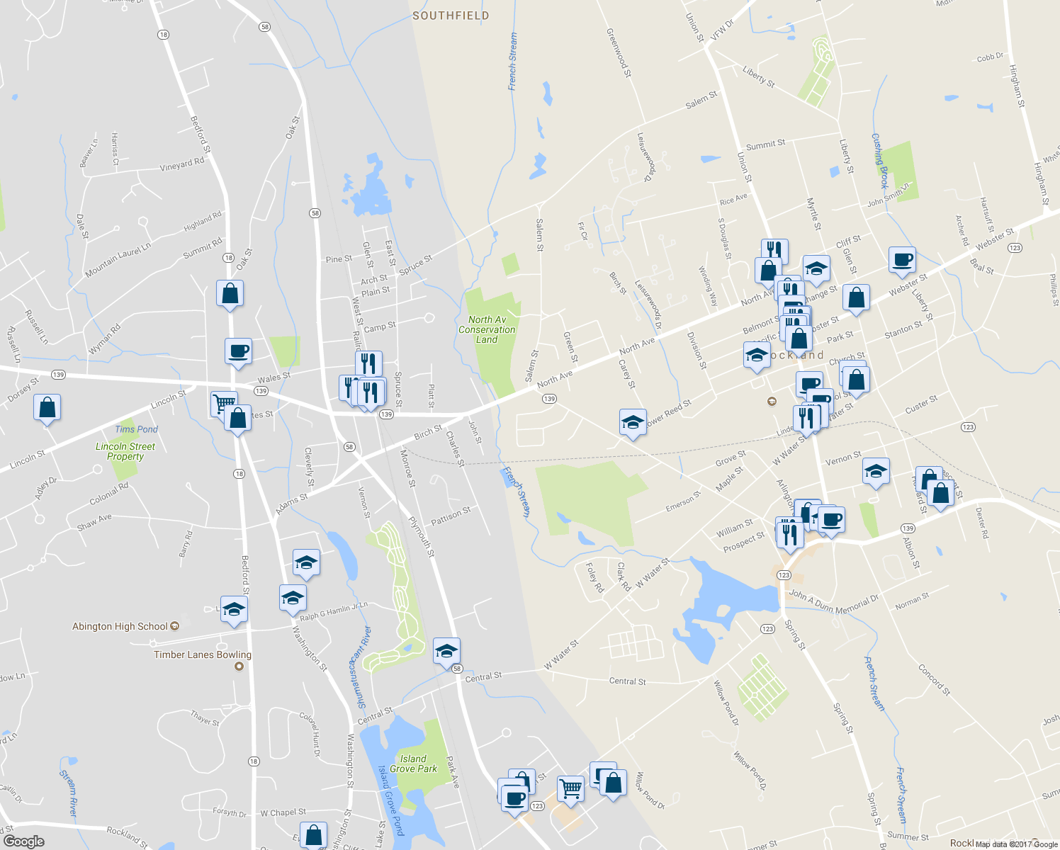 map of restaurants, bars, coffee shops, grocery stores, and more near 65 Johnson Terrace in Rockland