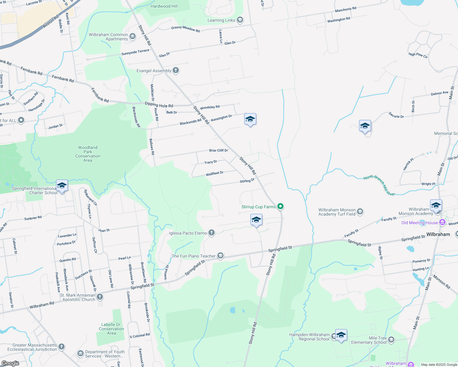 map of restaurants, bars, coffee shops, grocery stores, and more near 14 Stirling Drive in Wilbraham