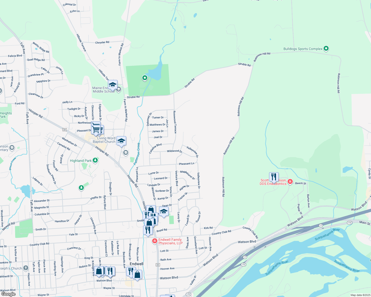 map of restaurants, bars, coffee shops, grocery stores, and more near 733 Valleyview Dr in Endwell