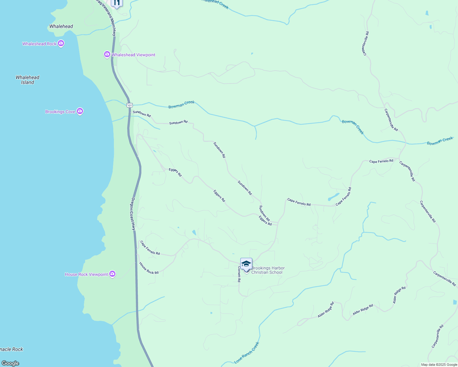 map of restaurants, bars, coffee shops, grocery stores, and more near 96022 Sundown Road in Brookings