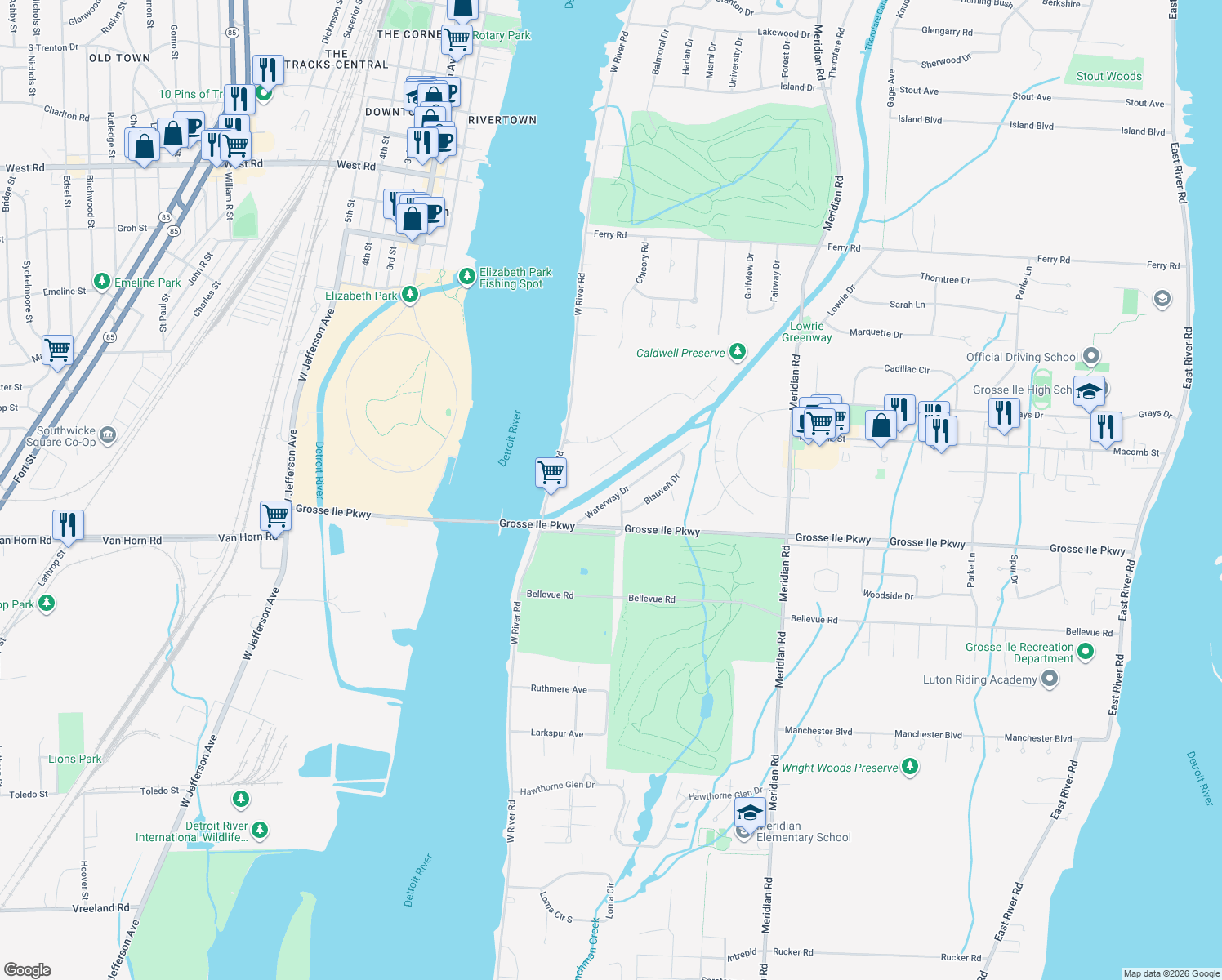 map of restaurants, bars, coffee shops, grocery stores, and more near 9838 Waterway Drive in Grosse Ile Township